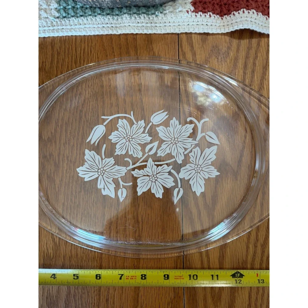 Vintage Clear Glass Oval Lid‎ White Floral Poinsettia Pattern Side Handles 26